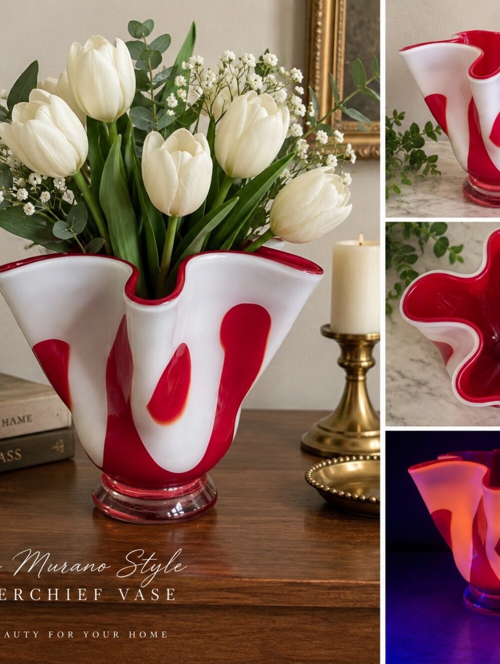 Vintage Murano Style Red White Cased Art Glass Handkerchief Vase UV Glow